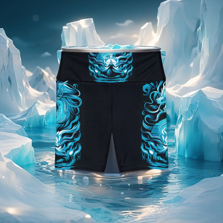 Sea Dragon Dreams Majestic Reign workout shorts featuring a blue dragon print on black polyester in an icy landscape.