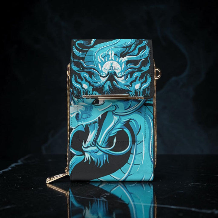 Sea Dragon Dreams Majesty Dragon crossbody phone bag in blue and black PU leather with a striking dragon illustration.