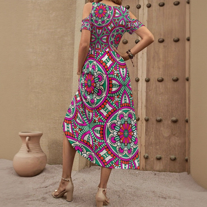 Sea Dragon Dreams off-shoulder maxi dress with vibrant pink and green mandala pattern, featuring a draped hem.