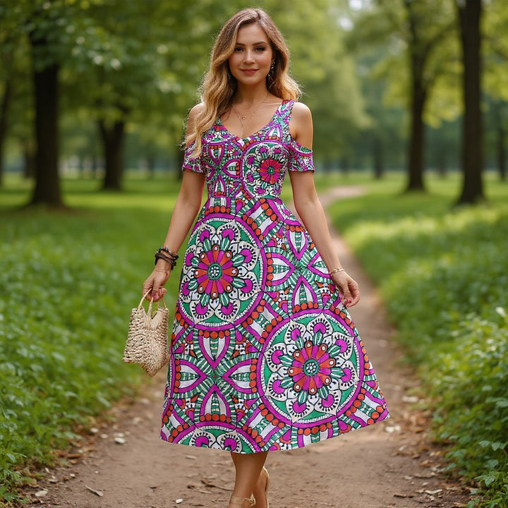 Sea Dragon Dreams off-shoulder maxi dress with vibrant mandala pattern in pink, green, and white, worn in a park.