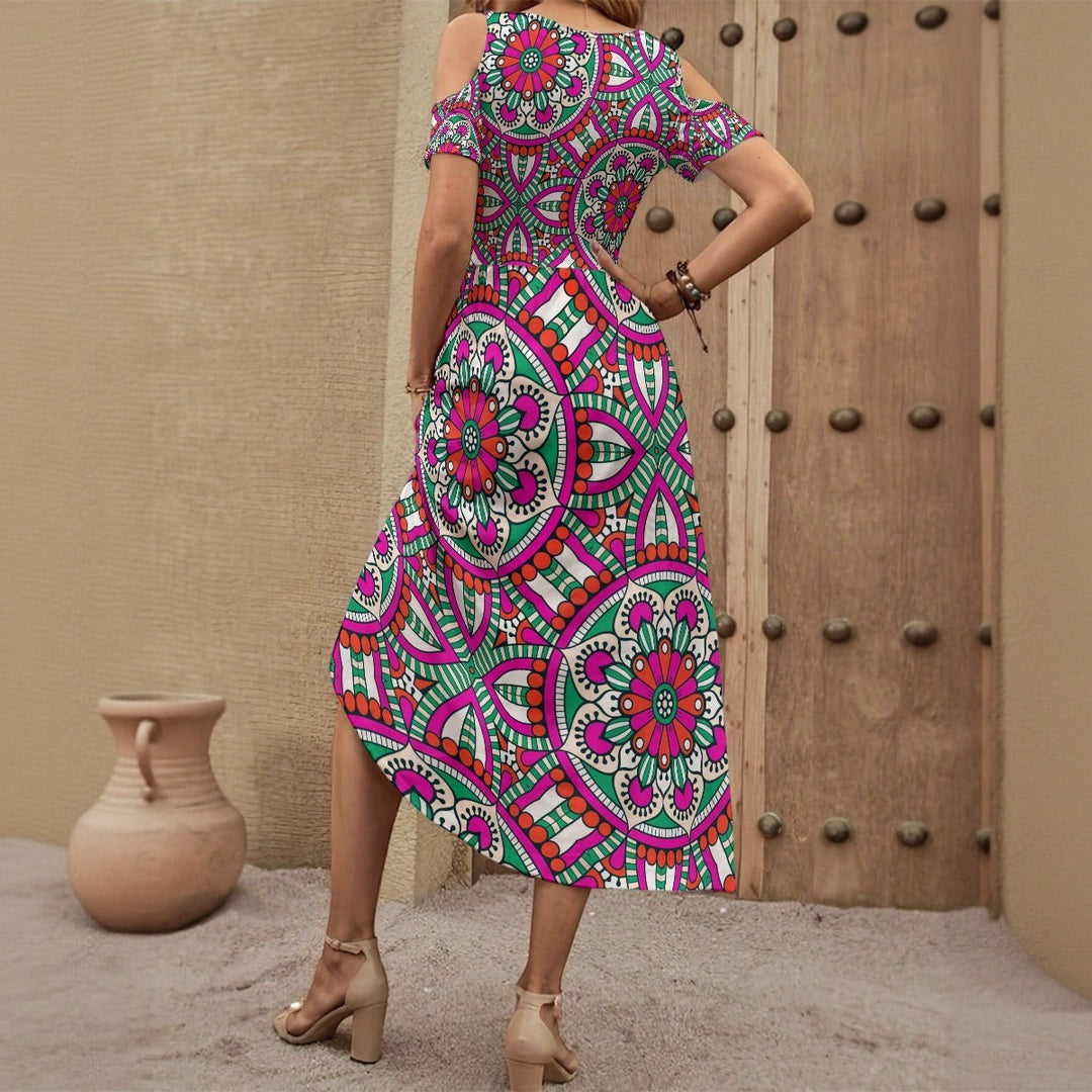 Sea Dragon Dreams off-shoulder maxi dress with vibrant pink and green mandala print, featuring a fitted V-neck design.