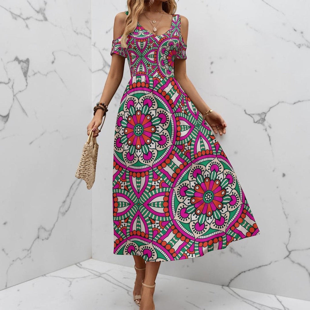 Sea Dragon Dreams off-shoulder maxi dress with a vibrant pink, green, and white mandala print and V-neckline.