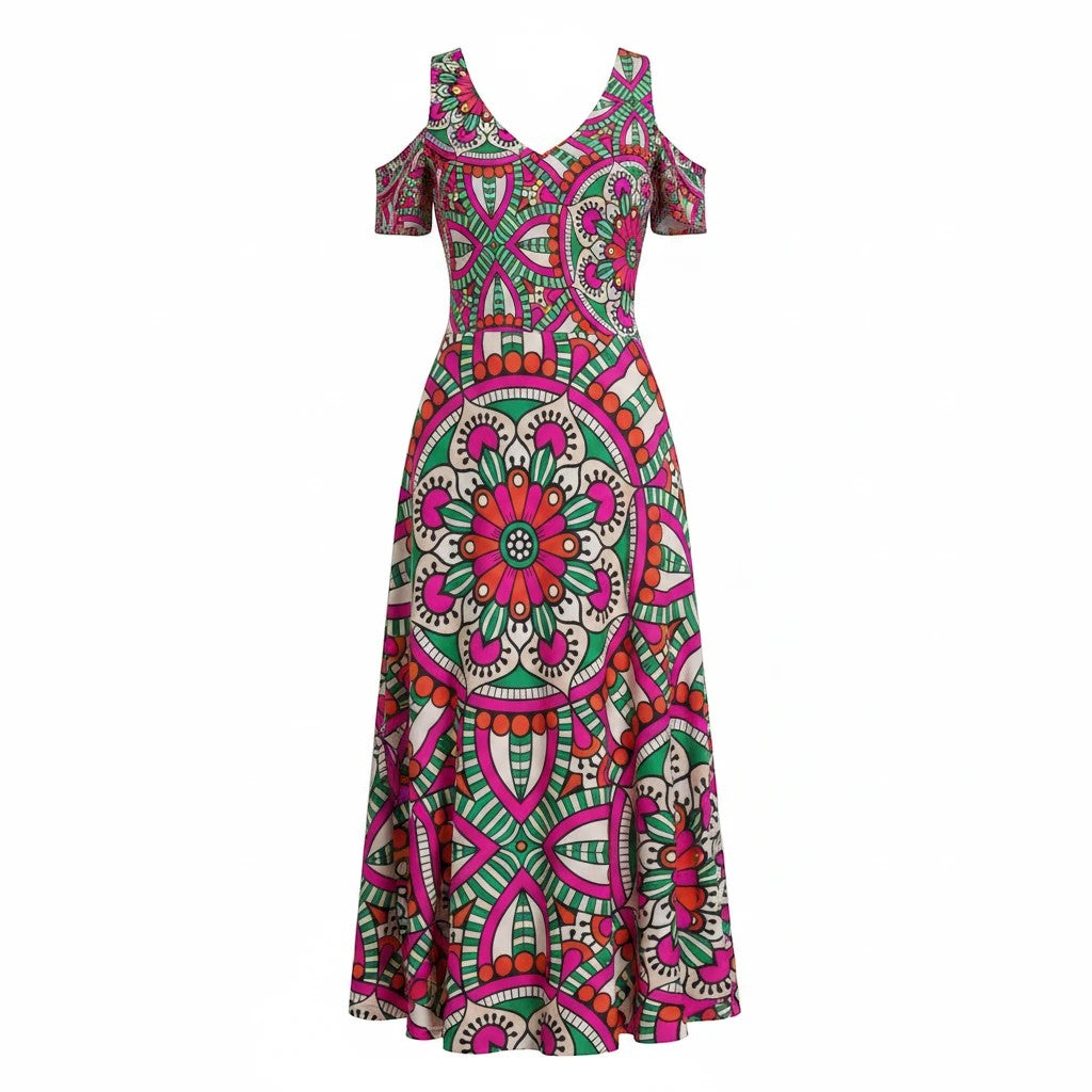 Sea Dragon Dreams off-shoulder maxi dress with a vibrant pink, green, and white mandala-inspired geometric print.