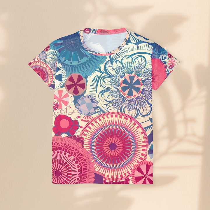 Sea Dragon Dreams women's sports jersey featuring a vibrant, multi-coloured mandala pattern on moisture-wicking fabric.