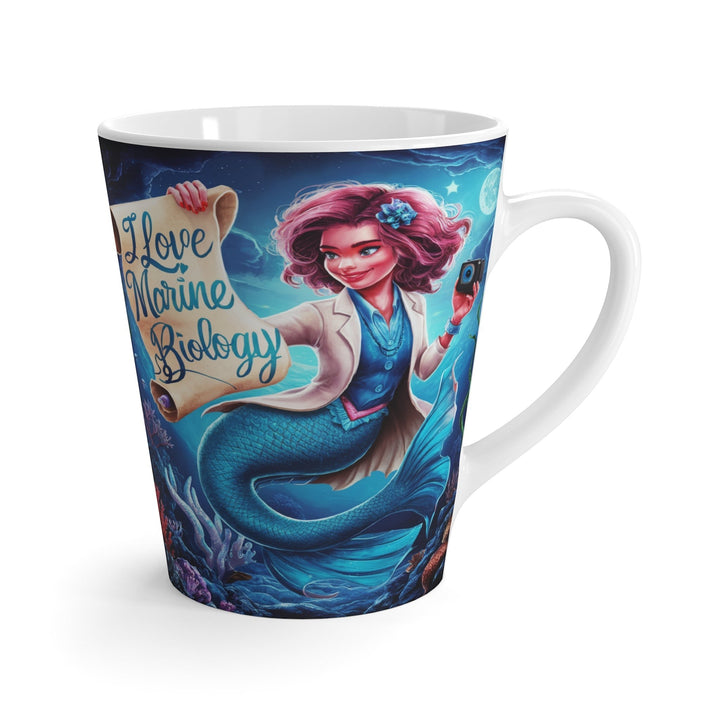 Sea Dragon Dreams 12oz white ceramic latte mug featuring a mermaid marine biologist illustration and C-style handle.