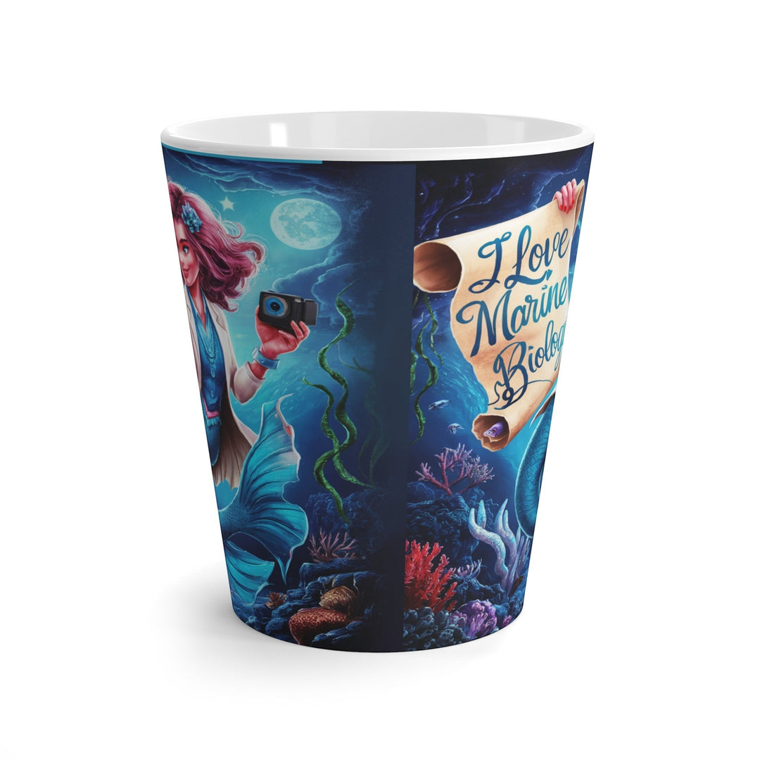 Sea Dragon Dreams white ceramic 12oz latte mug featuring a mermaid marine biology illustration and C-style handle.