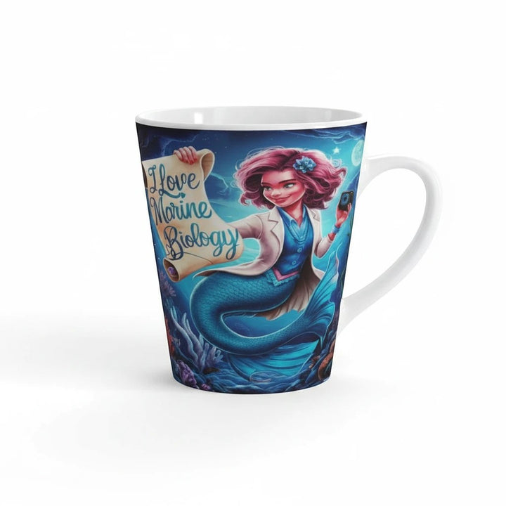 Sea Dragon Dreams 12oz white ceramic latte mug featuring a marine biologist mermaid illustration and C-style handle