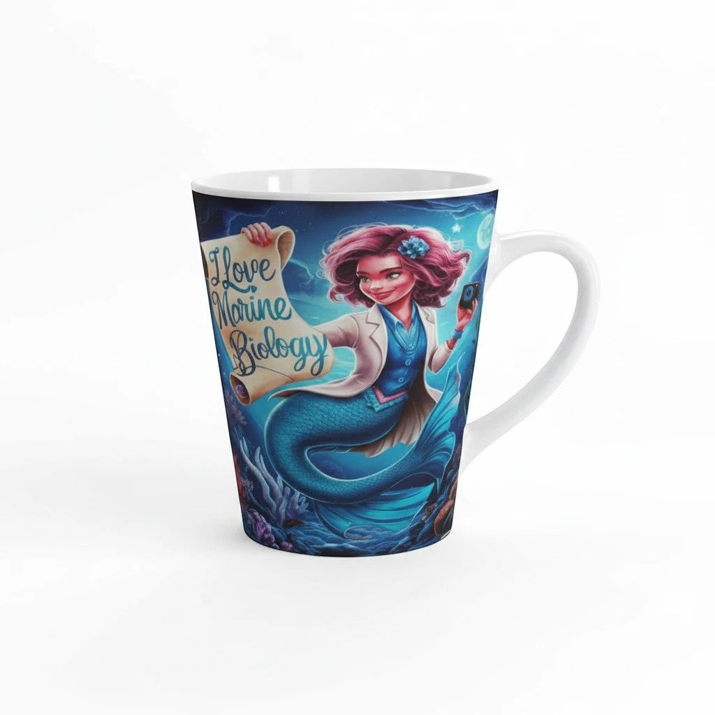 Sea Dragon Dreams 12oz white ceramic latte mug featuring a mermaid marine biologist illustration and C-style handle.