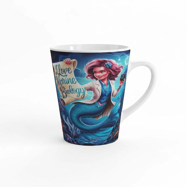 Sea Dragon Dreams 12oz white ceramic latte mug featuring a mermaid marine biologist illustration and C-style handle.