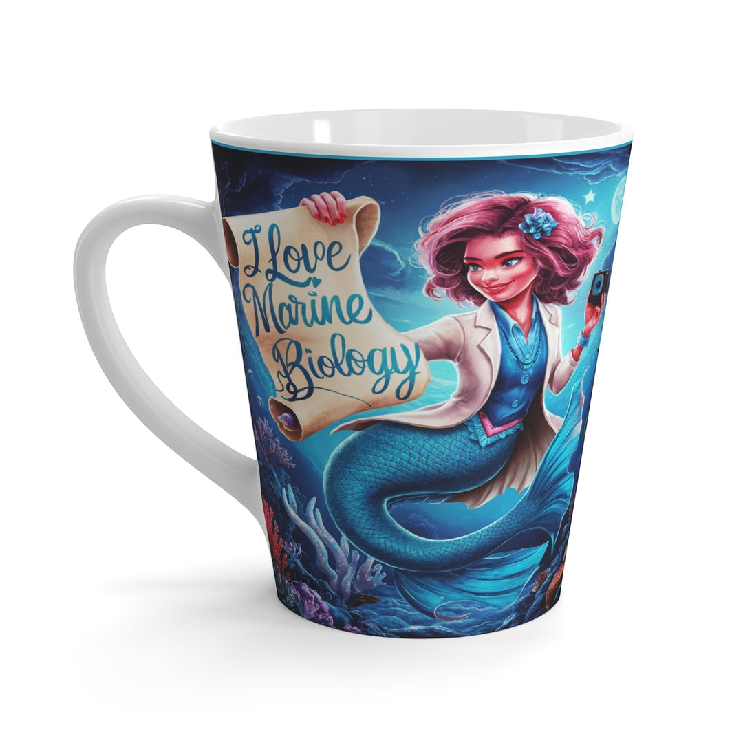Sea Dragon Dreams white ceramic 12oz latte mug featuring a mermaid marine biologist illustration and C-style handle.