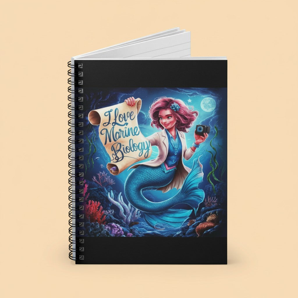 Sea Dragon Dreams spiral notebook featuring a mermaid marine biologist illustration with a scroll and camera