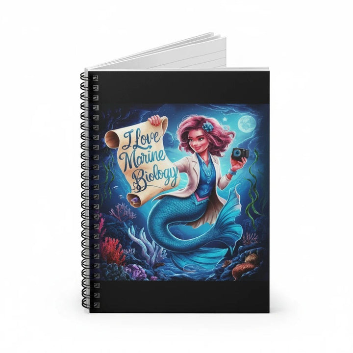 Sea Dragon Dreams spiral notebook featuring a mermaid marine biologist illustration with a scroll and camera