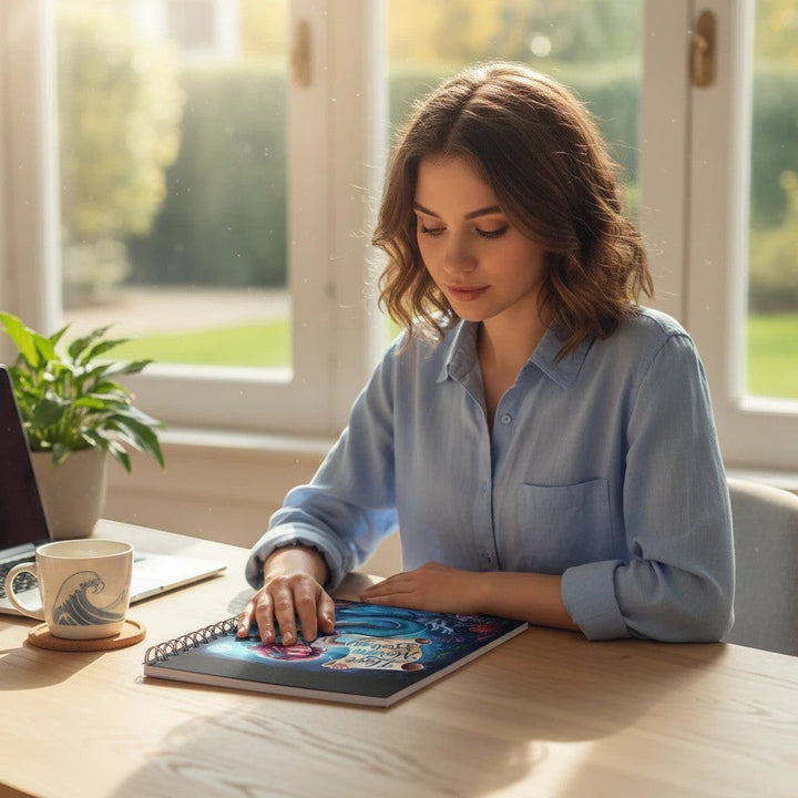 Sea Dragon Dreams spiral notebook with marine biology cover on a desk next to a woman in a light blue shirt