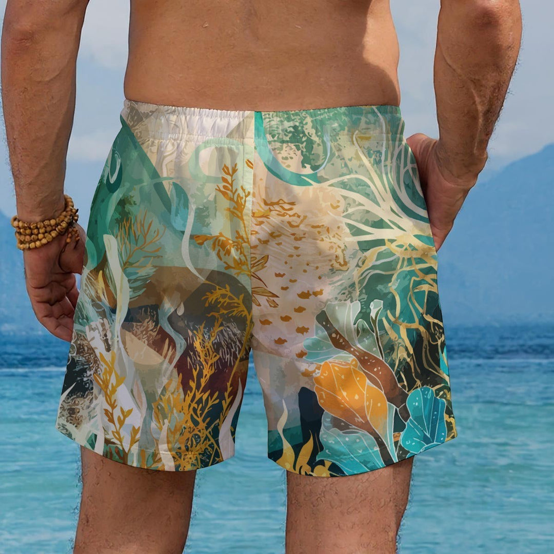 Sea Dragon Dreams men's swim shorts with a vibrant marine life coral reef print, featuring an elastic waistband.