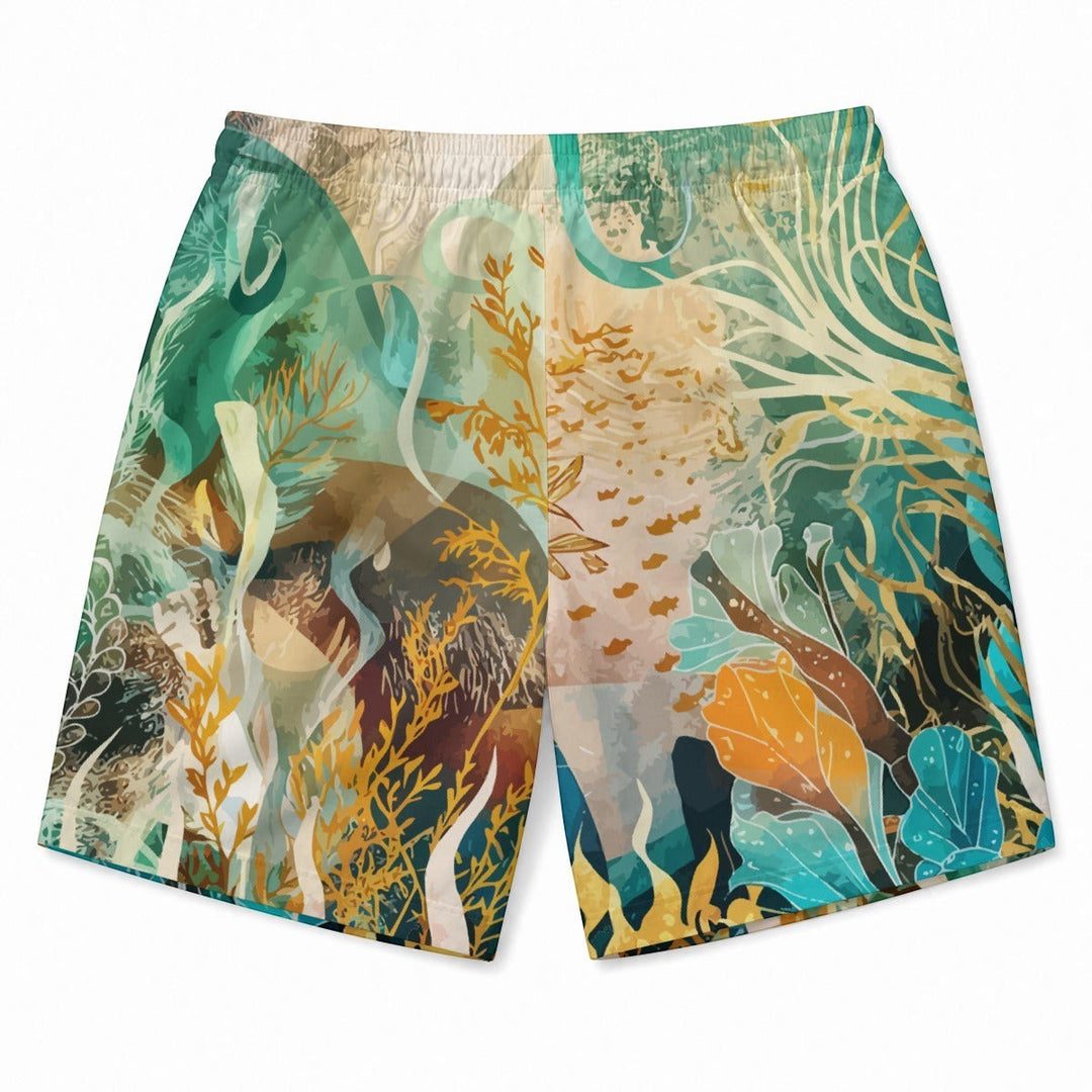 Sea Dragon Dreams swim shorts featuring a vibrant marine life ocean-inspired print with coral and seaweed patterns.