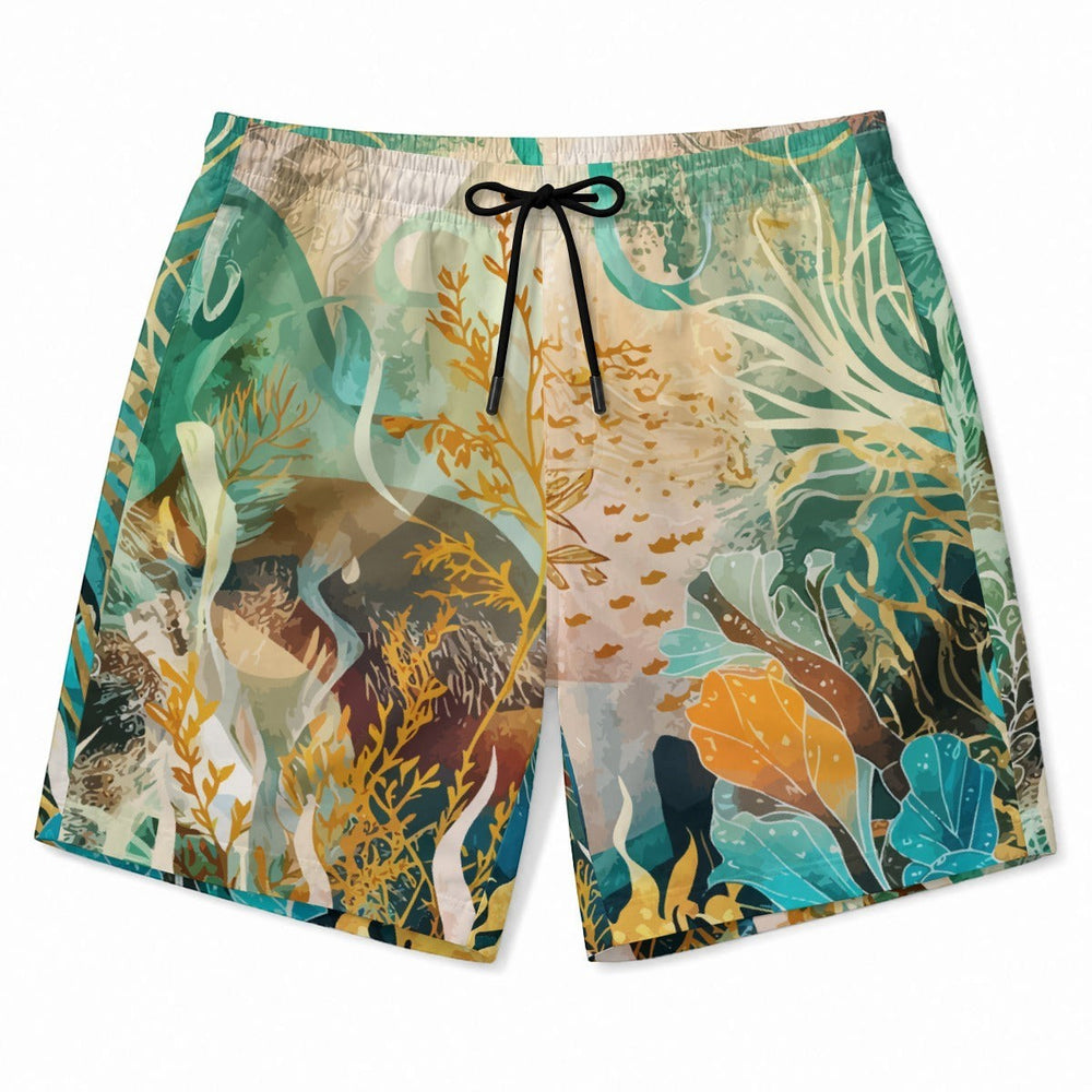 Sea Dragon Dreams swim shorts featuring a colorful marine life ocean-inspired print with an adjustable drawstring.