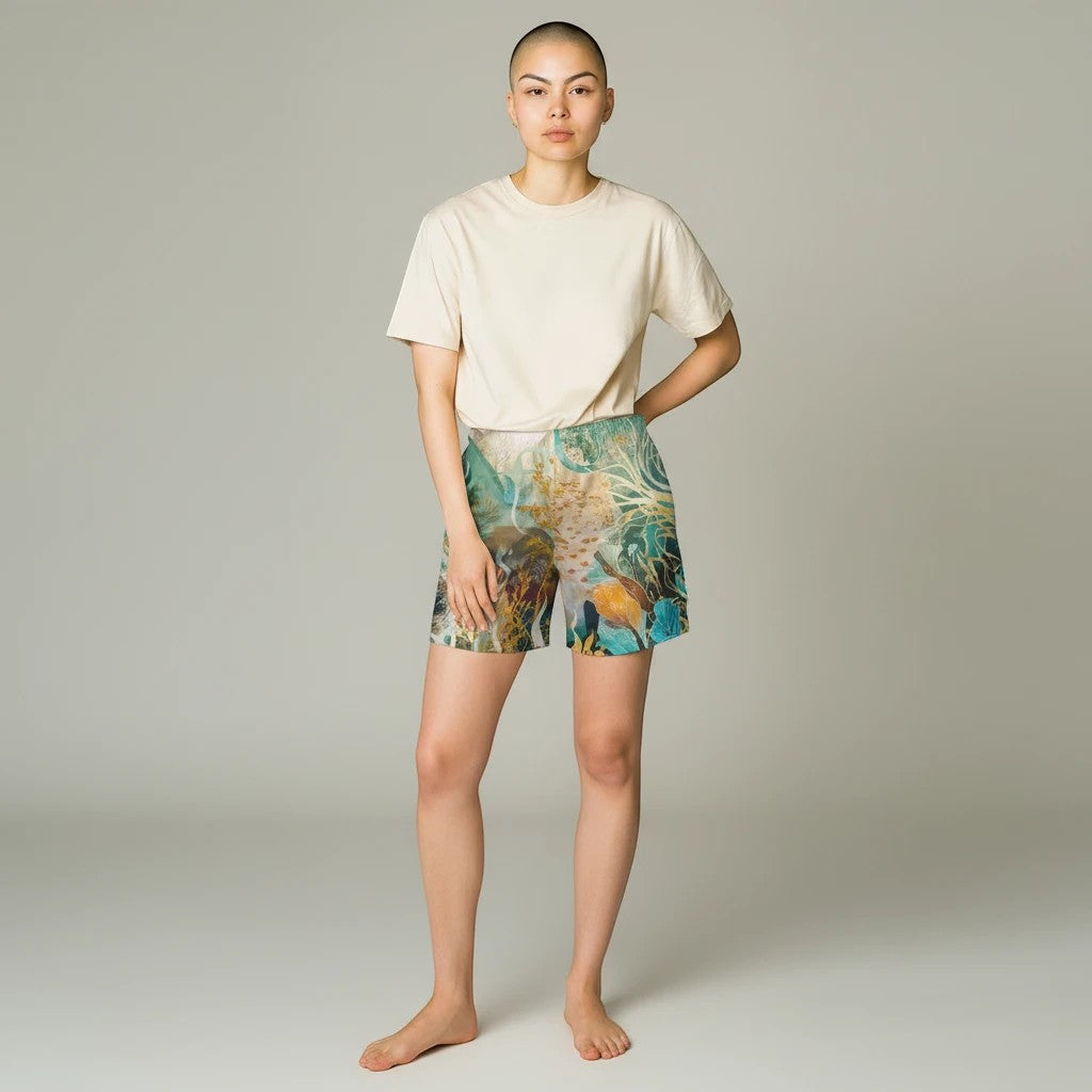 Model wearing Sea Dragon Dreams marine life print swim shorts with a beige t-shirt in a studio setting.