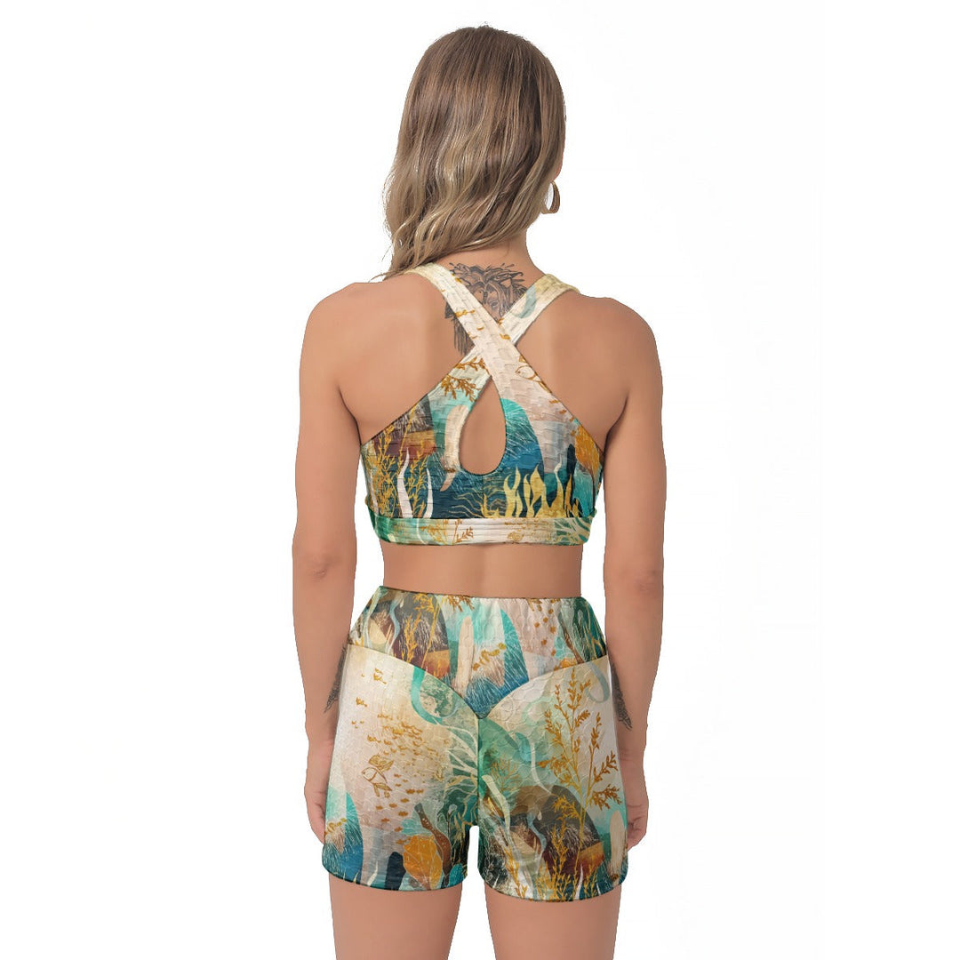 Sea Dragon Dreams women's sports bra and high-waisted shorts set with a colorful marine mosaic ocean-inspired pattern.