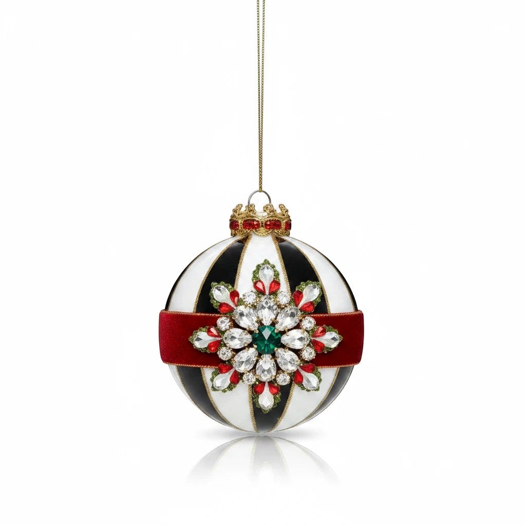 Sea Dragon Dreams Mark Roberts limited edition black and white striped Christmas ornament with jeweled snowflake detail.