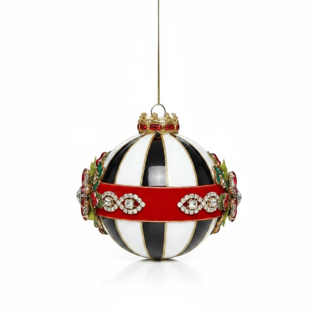 Sea Dragon Dreams Mark Roberts Timeless Jeweled Ornament featuring black and white stripes with red velvet and crystals.
