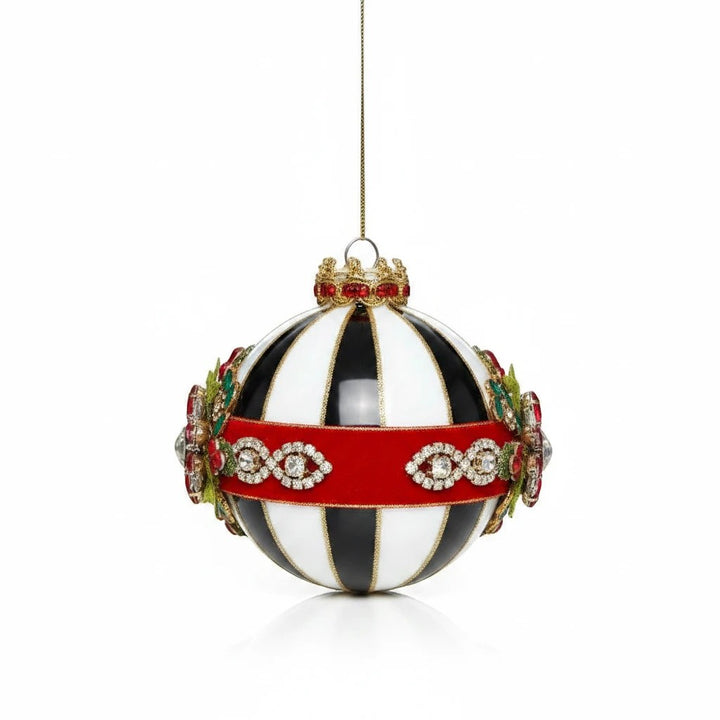 Sea Dragon Dreams Mark Roberts Timeless Jeweled Ornament featuring black and white stripes with red velvet and crystals.