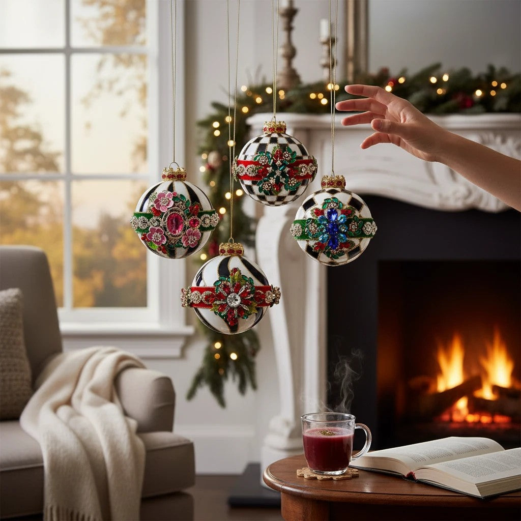 Sea Dragon Dreams Mark Roberts limited edition jeweled Christmas ornaments hanging in a cozy holiday living room