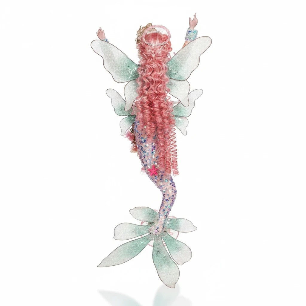 Sea Dragon Dreams Mark Roberts limited edition mermaid fairy figurine with pink hair and glittery wings, back view.