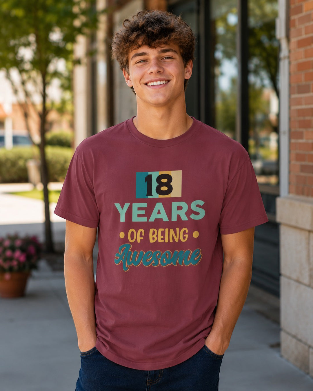 Sea Dragon Dreams unisex 18th birthday t-shirt in maroon cotton with retro 18 years of being awesome graphic print
