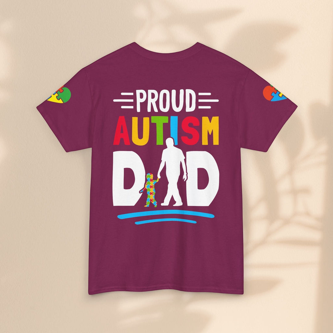Sea Dragon Dreams maroon heavy cotton t-shirt featuring a colorful Proud Autism Dad graphic with a father and child.