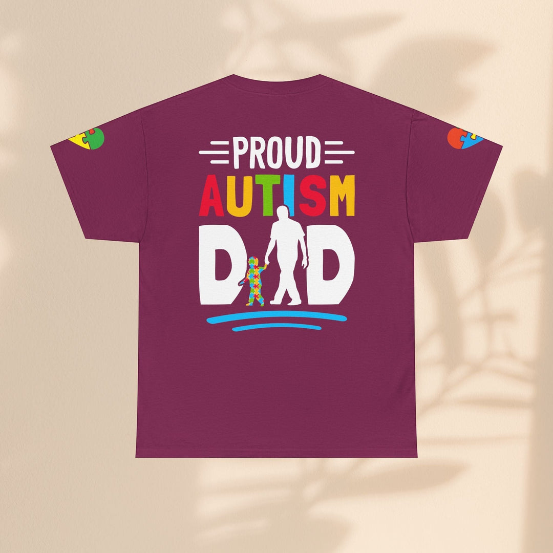 Sea Dragon Dreams maroon heavy cotton t-shirt with a colorful Proud Autism Dad graphic and puzzle piece accents