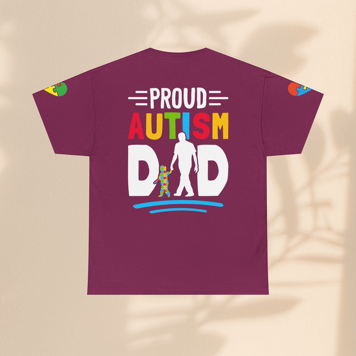 Sea Dragon Dreams maroon heavy cotton t-shirt with a colorful Proud Autism Dad graphic and puzzle piece accents