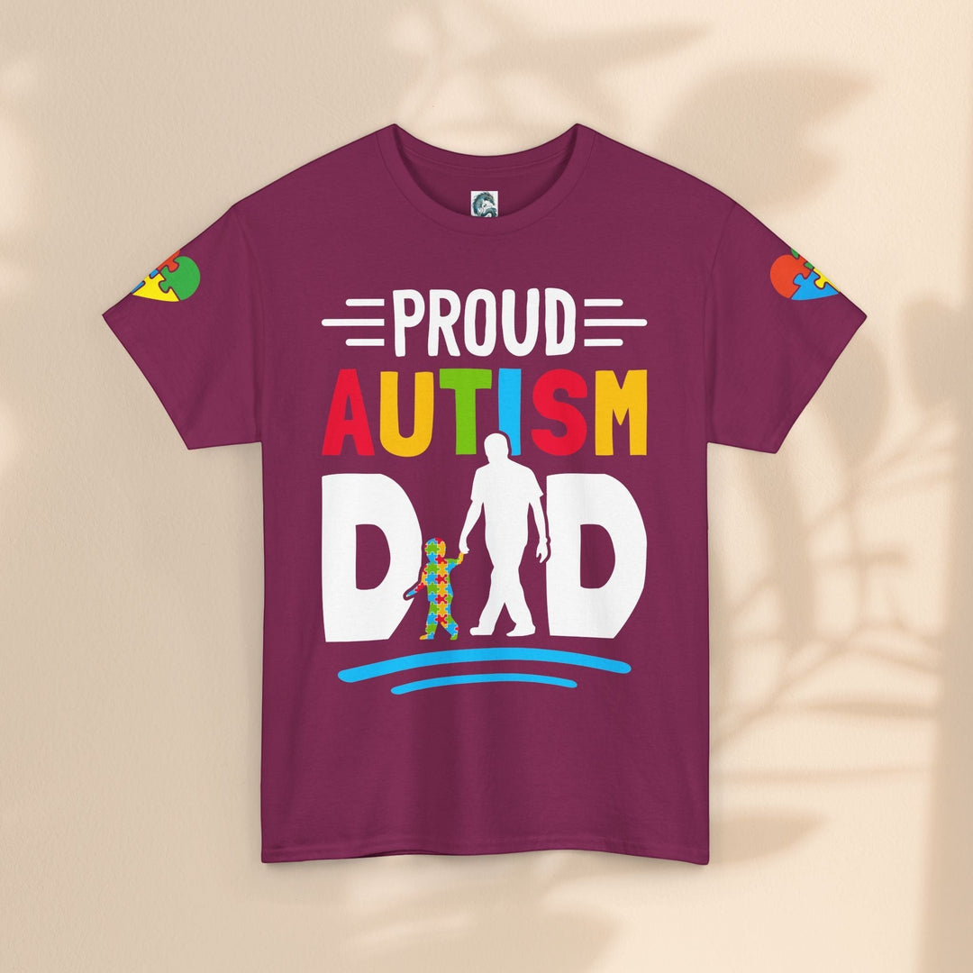 Sea Dragon Dreams maroon heavy cotton t-shirt with Proud Autism Dad graphic featuring a father and child silhouette.