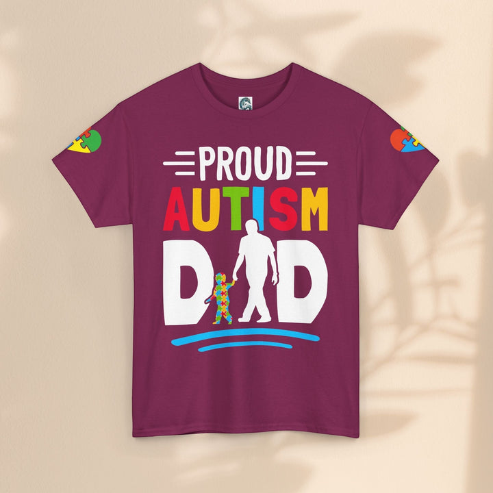 Sea Dragon Dreams maroon heavy cotton t-shirt with Proud Autism Dad graphic featuring a father and child silhouette.