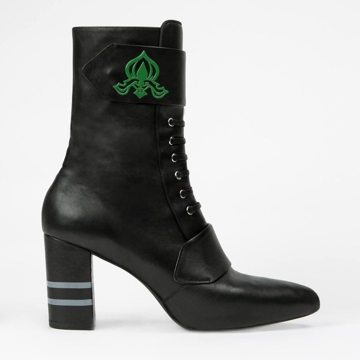 Sea Dragon Dreams Michaela V Marta black leather lace-up boots with green emblem and striped block heel