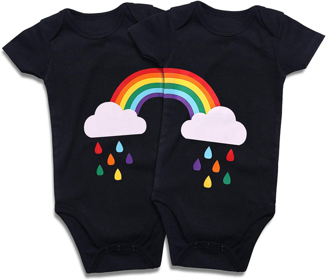 Sea Dragon Dreams matching black cotton baby bodysuits with rainbow and raindrop print for newborn twins