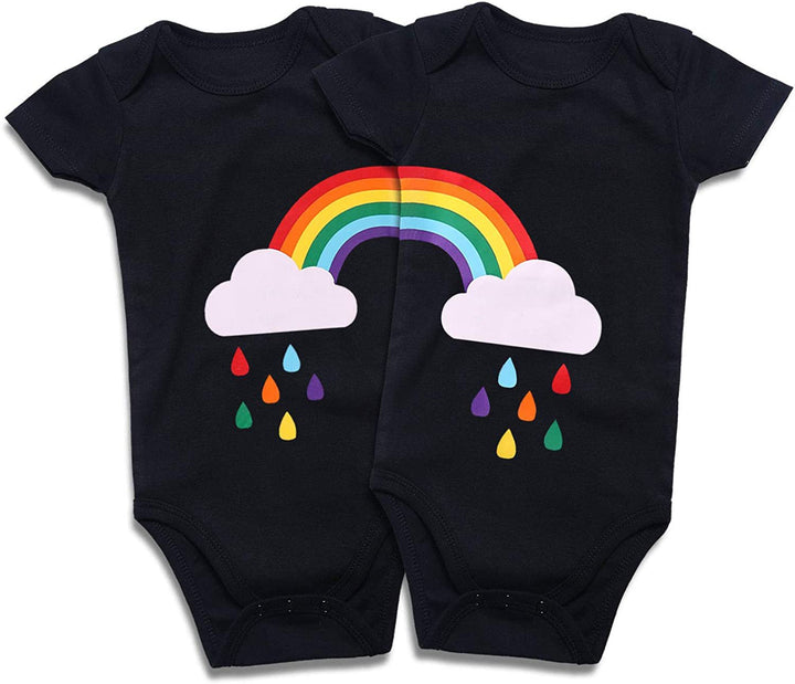 Sea Dragon Dreams matching black cotton baby bodysuits with rainbow and raindrop print for newborn twins