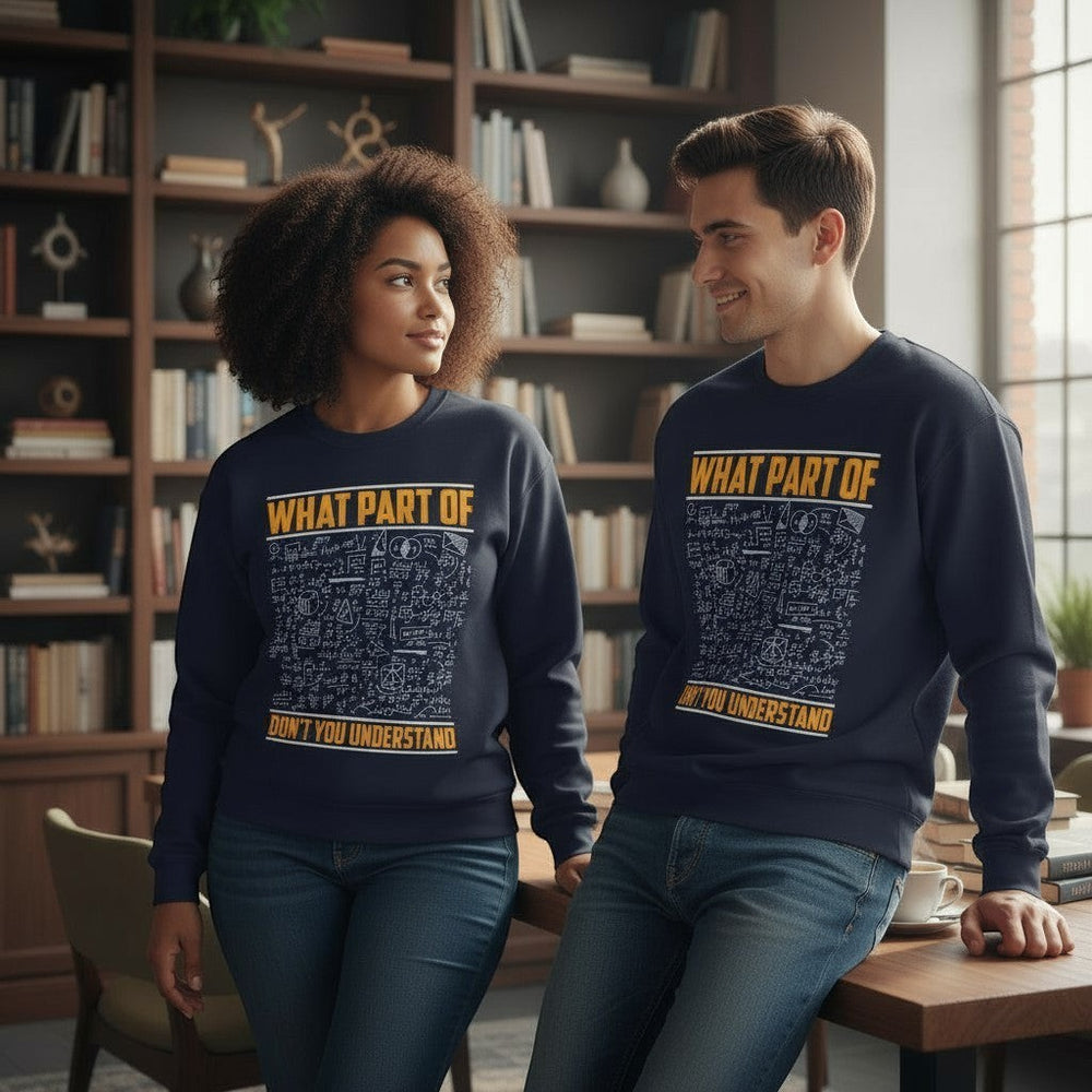 Sea Dragon Dreams unisex navy crewneck sweatshirt with math equations graphic for students and teachers in a library