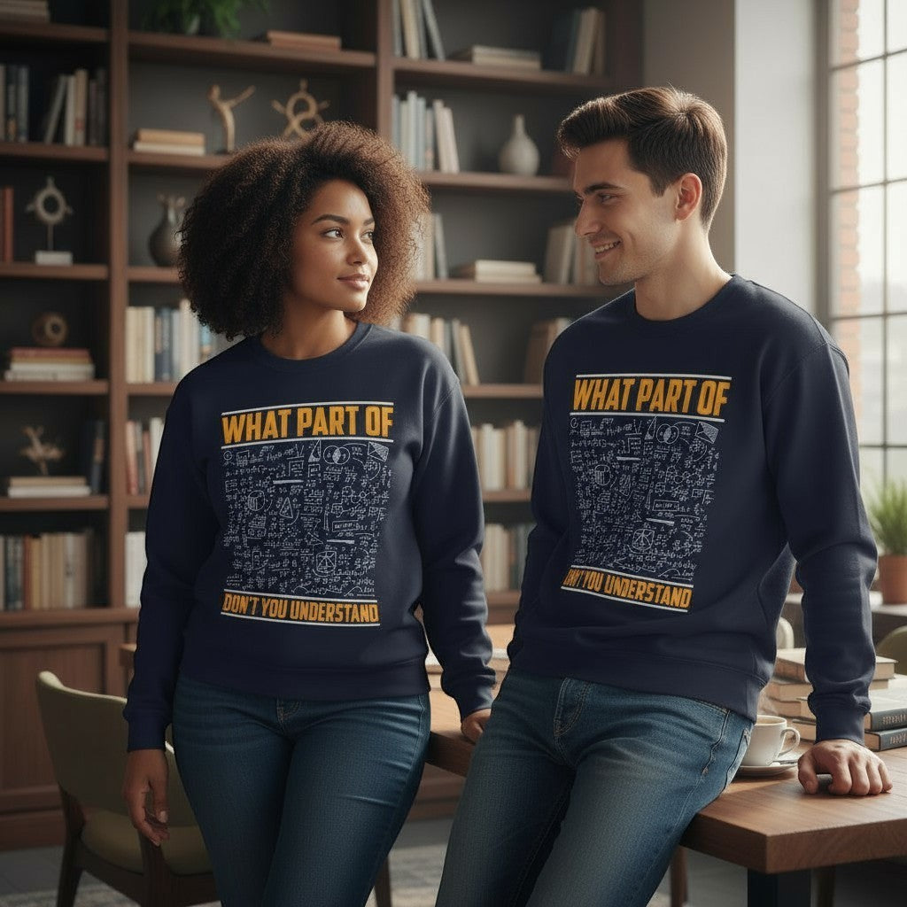 Sea Dragon Dreams unisex navy crewneck sweatshirt with math equations graphic for students and teachers in a library