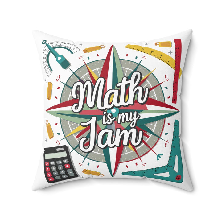 Sea Dragon Dreams square faux suede pillow featuring a Math is My Jam design with math tools like a calculator and ruler.