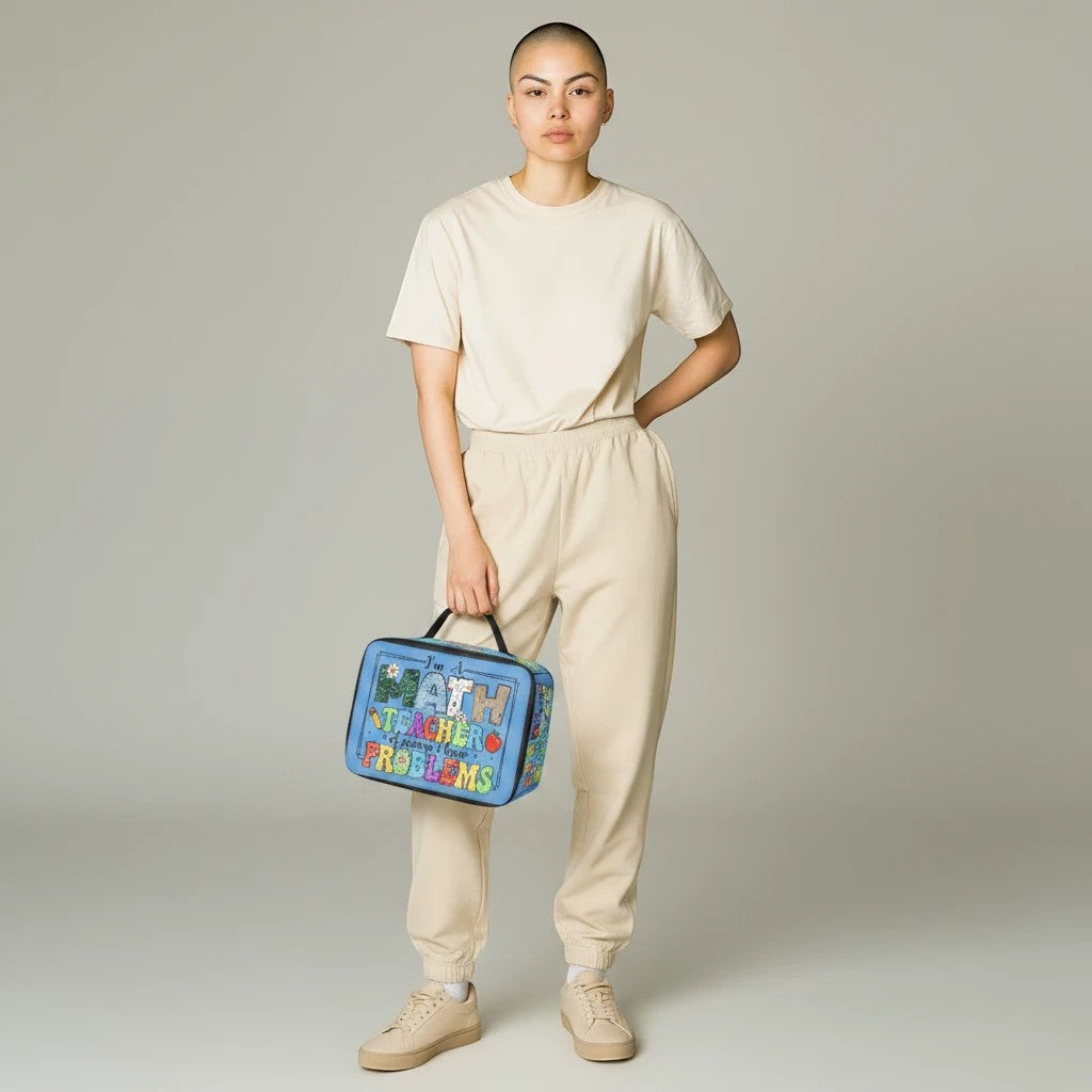 Sea Dragon Dreams lunch bag with Math Teachers Have Problems design held by a model in beige loungewear