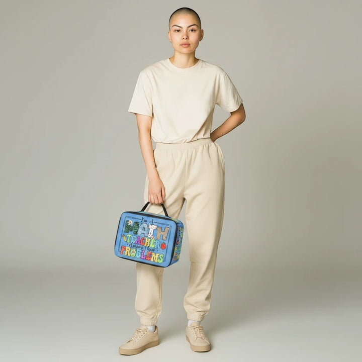 Sea Dragon Dreams lunch bag with Math Teachers Have Problems design held by a model in beige loungewear