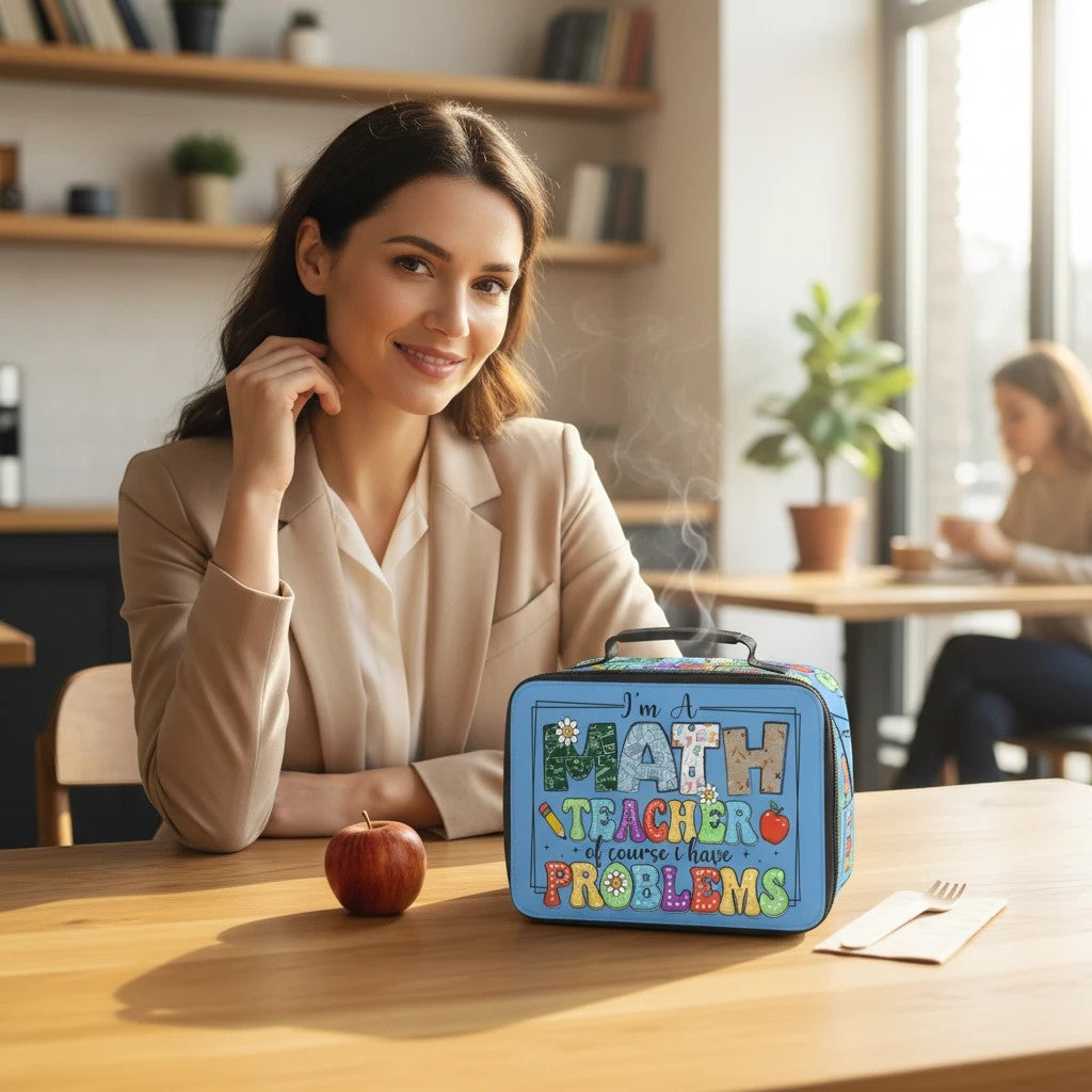 Sea Dragon Dreams insulated lunch bag with Math Teacher design on a wooden table next to a red apple