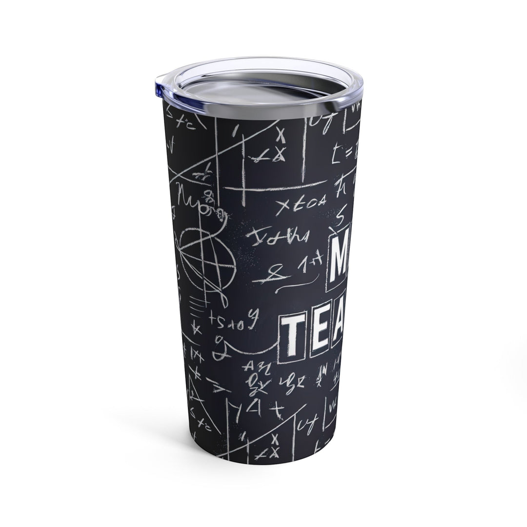 Sea Dragon Dreams 20oz stainless steel tumbler with a black chalkboard design featuring white math equations and text.