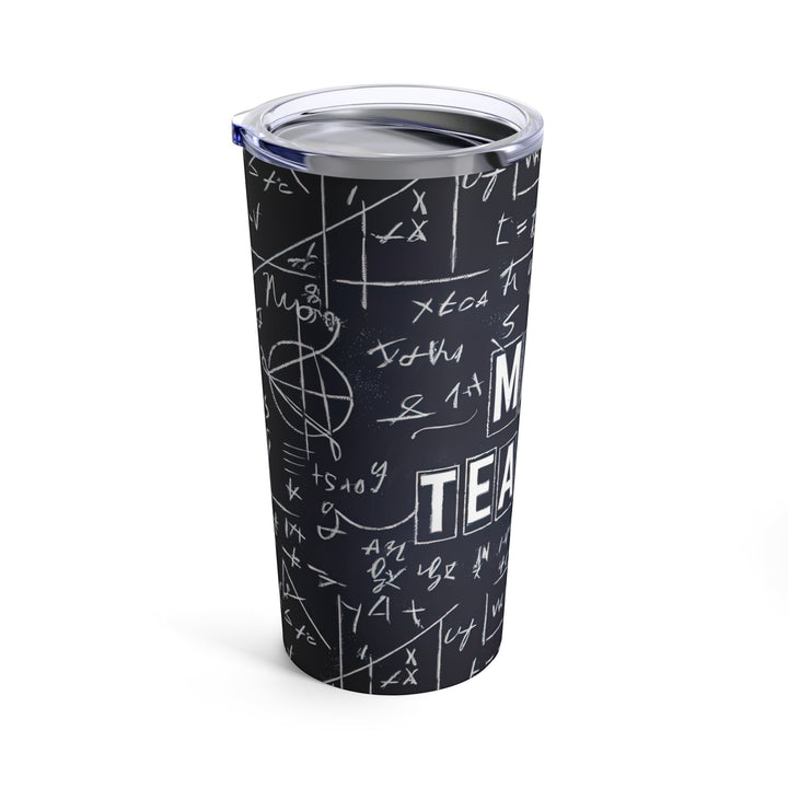 Sea Dragon Dreams 20oz stainless steel tumbler with a black chalkboard design featuring white math equations and text.