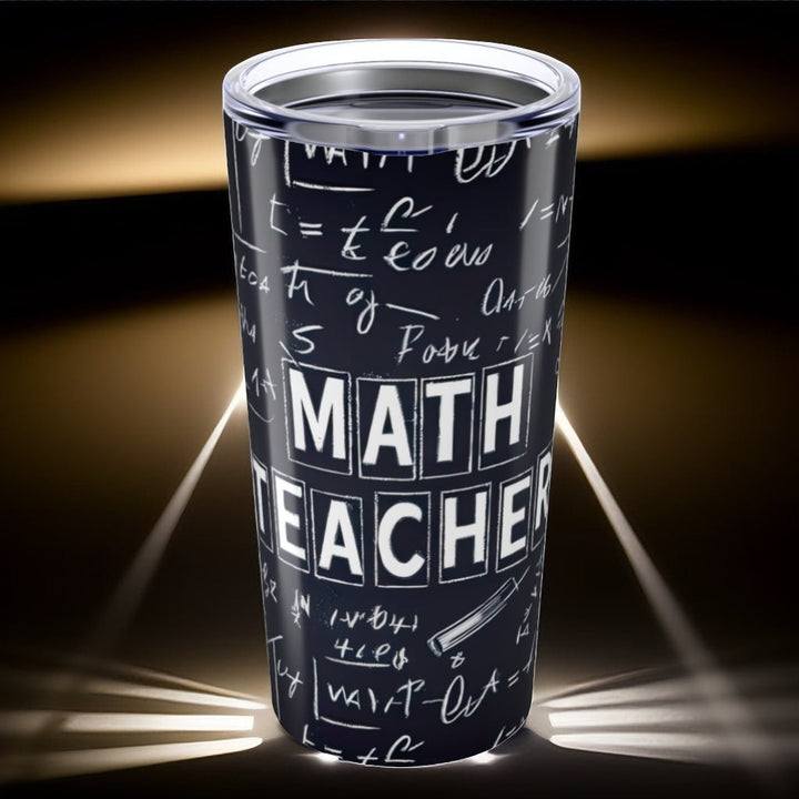 Sea Dragon Dreams 20oz stainless steel tumbler with a black chalkboard design featuring math equations and text.