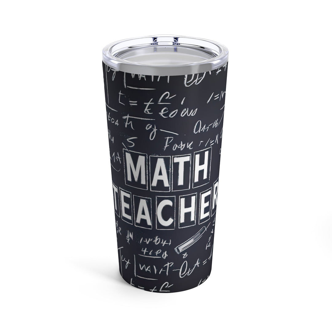 Sea Dragon Dreams 20oz stainless steel tumbler with a black chalkboard design featuring math equations and text.