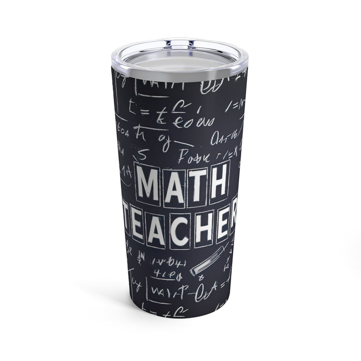 Sea Dragon Dreams 20oz stainless steel tumbler with a black chalkboard design featuring math equations and text.