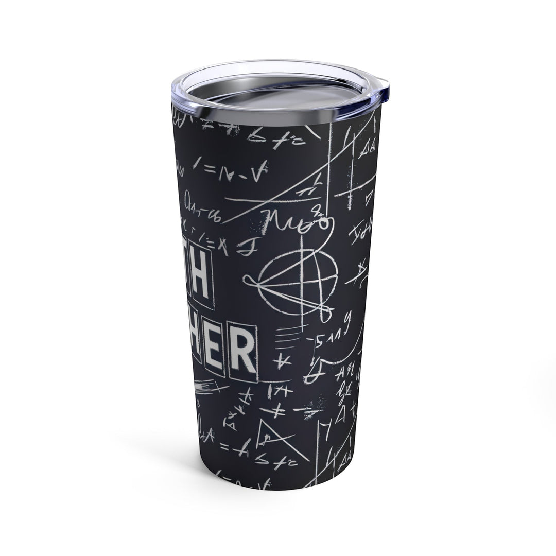 Sea Dragon Dreams 20oz stainless steel tumbler with a black chalkboard design featuring white math equations and text.