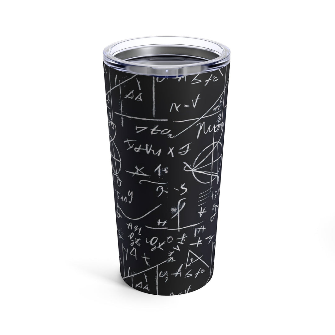 Sea Dragon Dreams 20oz stainless steel tumbler with a black background and white math equation chalkboard design.