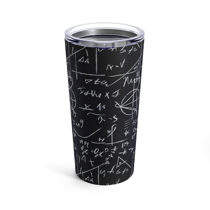 Sea Dragon Dreams 20oz stainless steel tumbler with a black background and white math equation chalkboard design.
